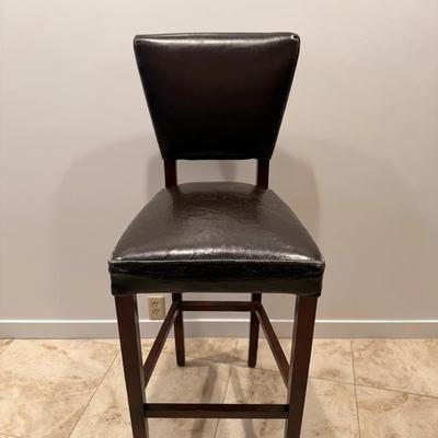 Dark Wood Bar Stool w/ Black Faux Leather Seat & Back – 30” Seat Height
