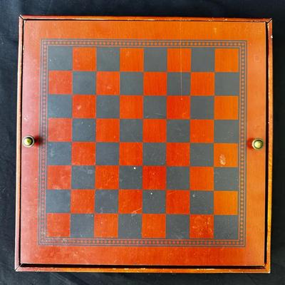 Vintage Wooden Game Board Box – Chess, Checkers & Backgammon Combo – Storage Case