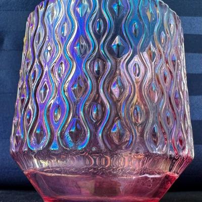 Iridescent Pink Carnival Glass Vase / Candle Holder ~ Diamond Optic Pattern
