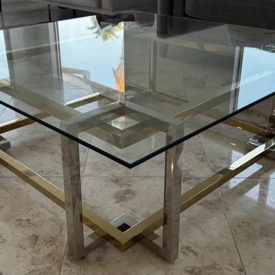 Modern Glass Coffee Table w/ Brass & Chrome Metal Base – 48" Rectangular