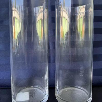 Pair of Tall Clear Glass Cylinder Vases ~ Approx. 9” High, 3” Diameter