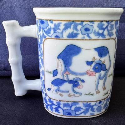 Blue & White Cow and Calf Ceramic Mug ~ Bamboo-Style Handle ~ Hand-Painted Look 