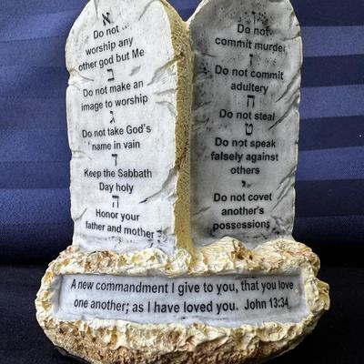 Ten Commandments Stone-Style Religious Sculpture – Tabletop Décor w/ Scripture 