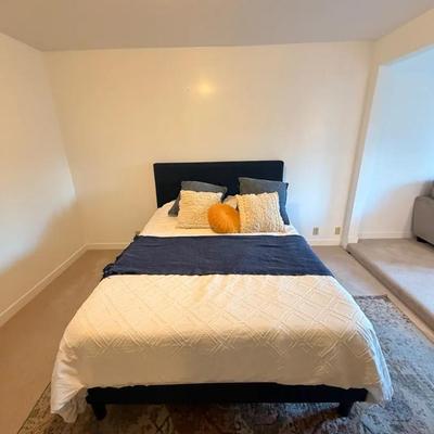 Upholstered Platform Bed Frame with Tall Padded Headboard – Dark Blue / Queen Size