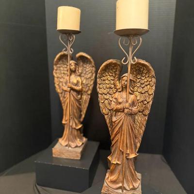 Aged Gold Finished Angel Sculpture Candleholders