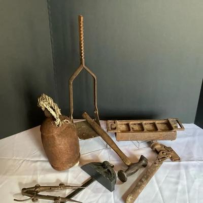 Antique Iron Tool And Bell Variety Lot