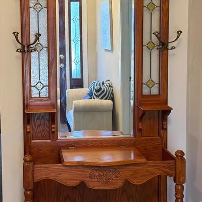 Vintage Oak And Stained Glass Lighted Hall Tree