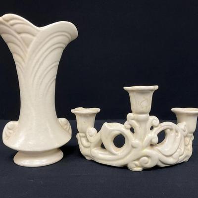 Cowan Pottery Candelabra & Shawnee Pottery Fan Vase