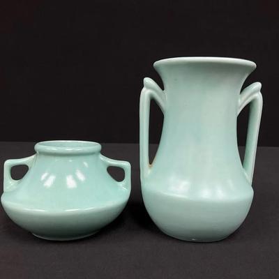 Two, Two Handle Turquoise Green Vases
