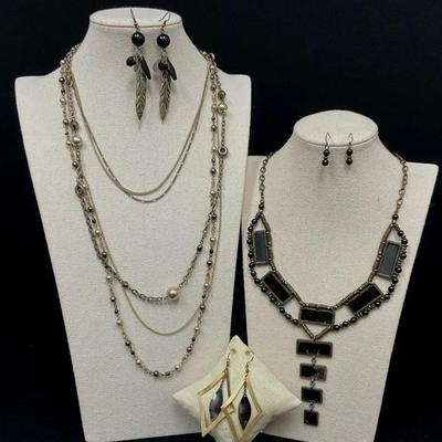 Black, Silver & Gold Tone Necklaces & Earrings 