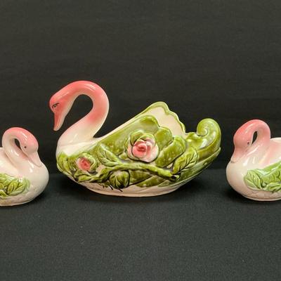 Vintage Ceramic Swan Planter And Candlesticks 