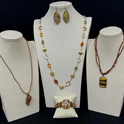 Amber Tone Necklaces, Earrings & Bracelet 