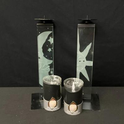 Pair of Celestial Candlesticks & Flameless Candles
