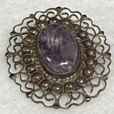 vintage Mexican sterling silver amethyst brooch