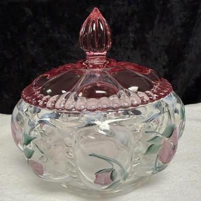 Vintage Fenton Hand-Painted Trellis Rose Glass Opalescent Covered Bowl Dish, also known as a powder 