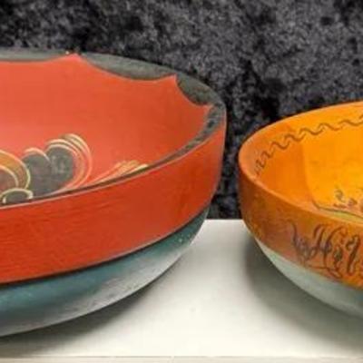vintage Norwegian wooden ale bowls featuring traditional rosemaling folk art