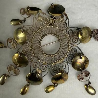  Norwegian Sølje brooch made of 830 silver with gold-plated dangles