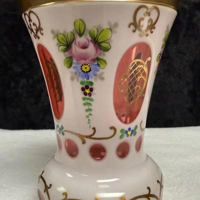 Hand Painted Bohemia Heritage Czech Republic Vase Layered Cranberry glass