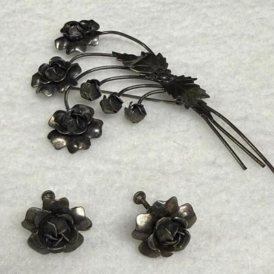 vintage CoroCraft sterling silver five rose bouquet brooch and earring set