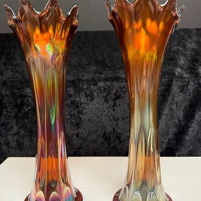 vintage Northwood marigold "Thin Rib" or "Opalescent Thin Rib" carnival glass swung vases