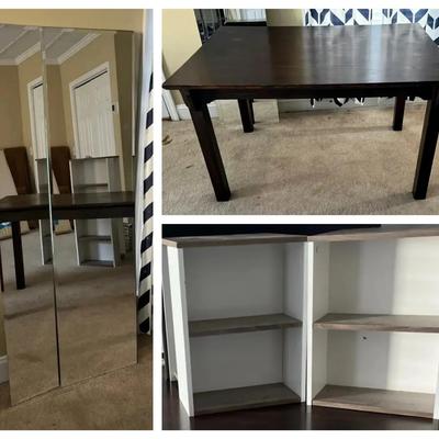 Wooden Table, Cube-Style End Tables & Full-Length Wall Mirrors