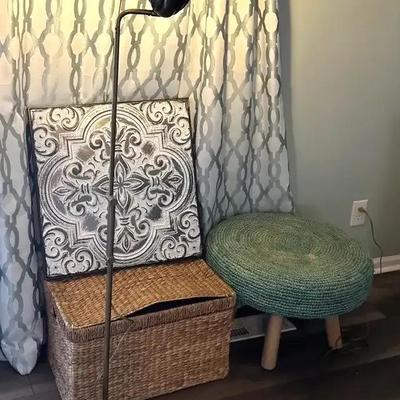 Woven Storage Trunk, Brass-Style Floor Lamp, Boho Stool & Wall Décor
