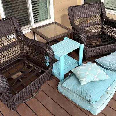 Rocking Patio Chairs with Wicker Glass Table & Blue Painted Side Table