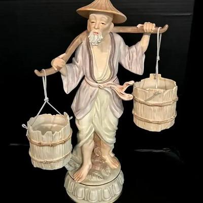 Vintage Japanese Porcelain Figurine Depicting Traditional Water Carrier, 20”H