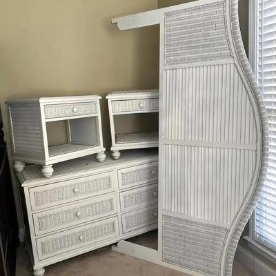 White Wicker Bedroom Set with Headboard, Dresser & Two Nightstands