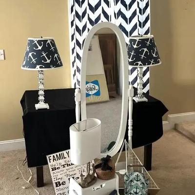 White Standing Mirror with Lamps, Curtains, Rods & Faux Wood Blinds