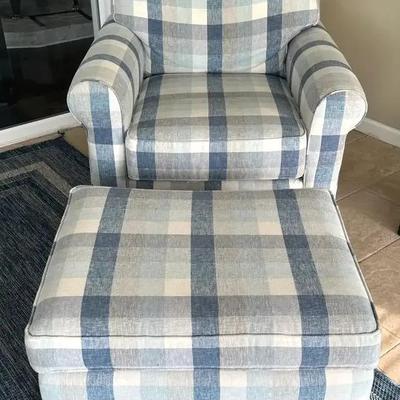Craftmaster Blue Plaid Upholstered Chair with Matching Ottoman