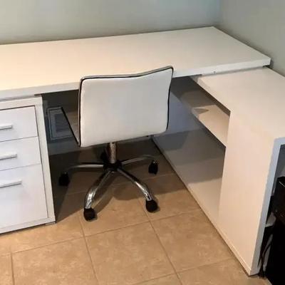 L-Shaped White Office Desk with Rolling Chair