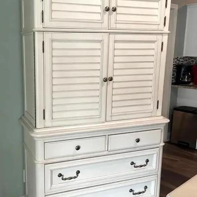 White Wooden Armoire with Cabinet Doors & Drawers