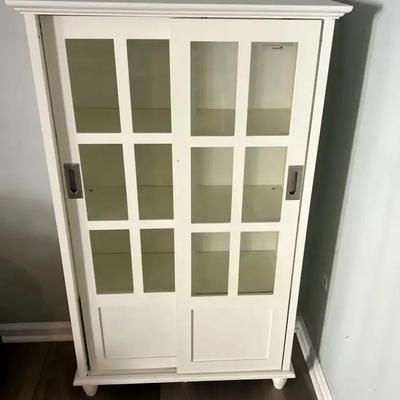 White Bookcase with Glass-Panel Sliding Doors