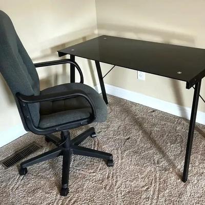Metal Desk with Tempered Glass Top and Fabric Office Chair
