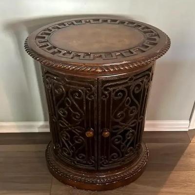 Ornate Oval Wooden & Metal Side Table with Decorative Cabinet Doors