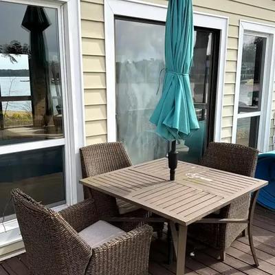 Three Wicker Patio Chairs with Table & Outdoor Umbrella