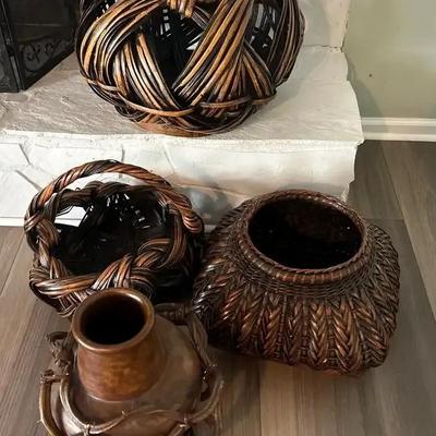 Large Decorative Woven Baskets & Pottery Vase Accent Collection