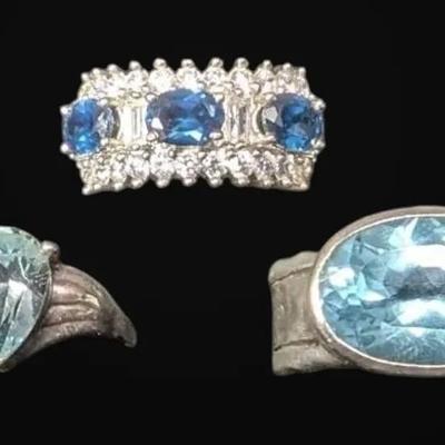 Blue Gem Sterling Silver Rings Size 6-6.75 (25.4g Total)