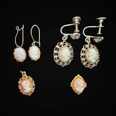 Gold & Pink Toned Cameo Earrings & Pendant