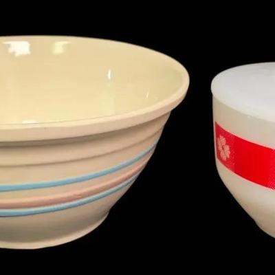 Federal Milk Glass Lidded Bowl - Red Gingham Stripe & USA Ovenware Bowl #10