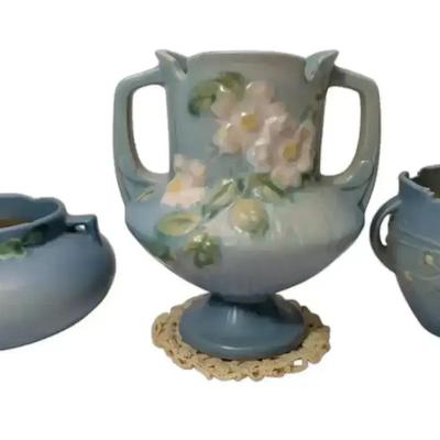 Three Blue Roseville Pottery Vases