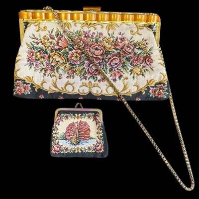Lucite Floral Tapestry Purse & Coin Purse