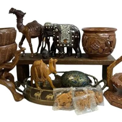 Wood Carved Bowls, Animals And Brass Tray 