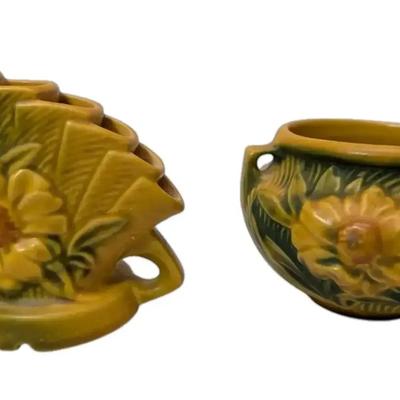 Roseville Pottery Yellow Peony Flower Frog & Jardinière Planter