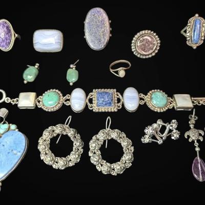 Purple & Blue Sterling Silver Bracelet & Rings, Size 6.25-8 (160g Total)