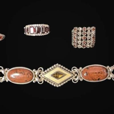 Dark Ruby Toned Sterling Silver Rings & Bracelet, Sizes 6-8.5 (63.65g Total)