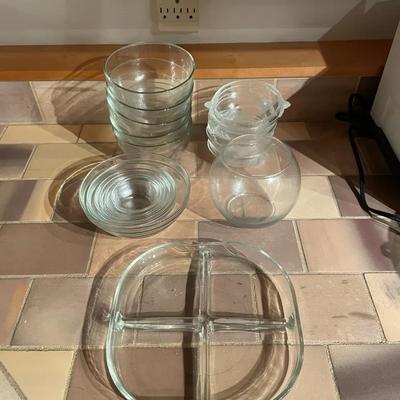 Glass Dishware Including Bowls, Divided Platter, and Glass Containers