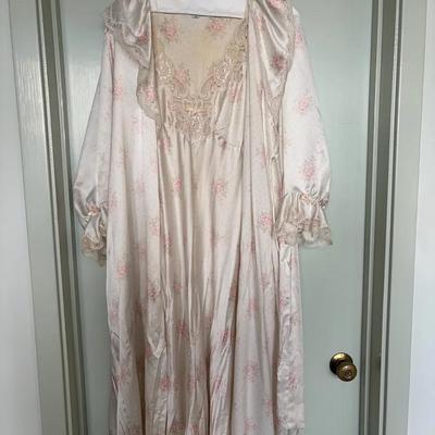 Christian Dior Floral Satin Nightgown and Robe Set with Lace Trim