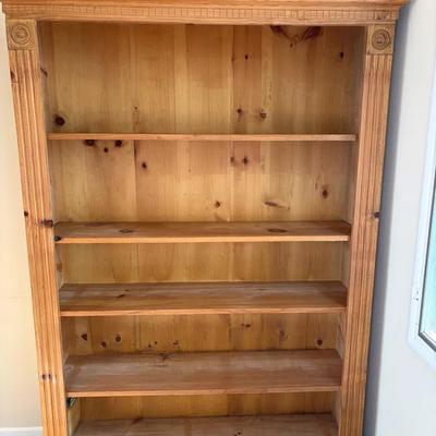 Tall Pine Wood Bookshelf with Decorative Carved Details